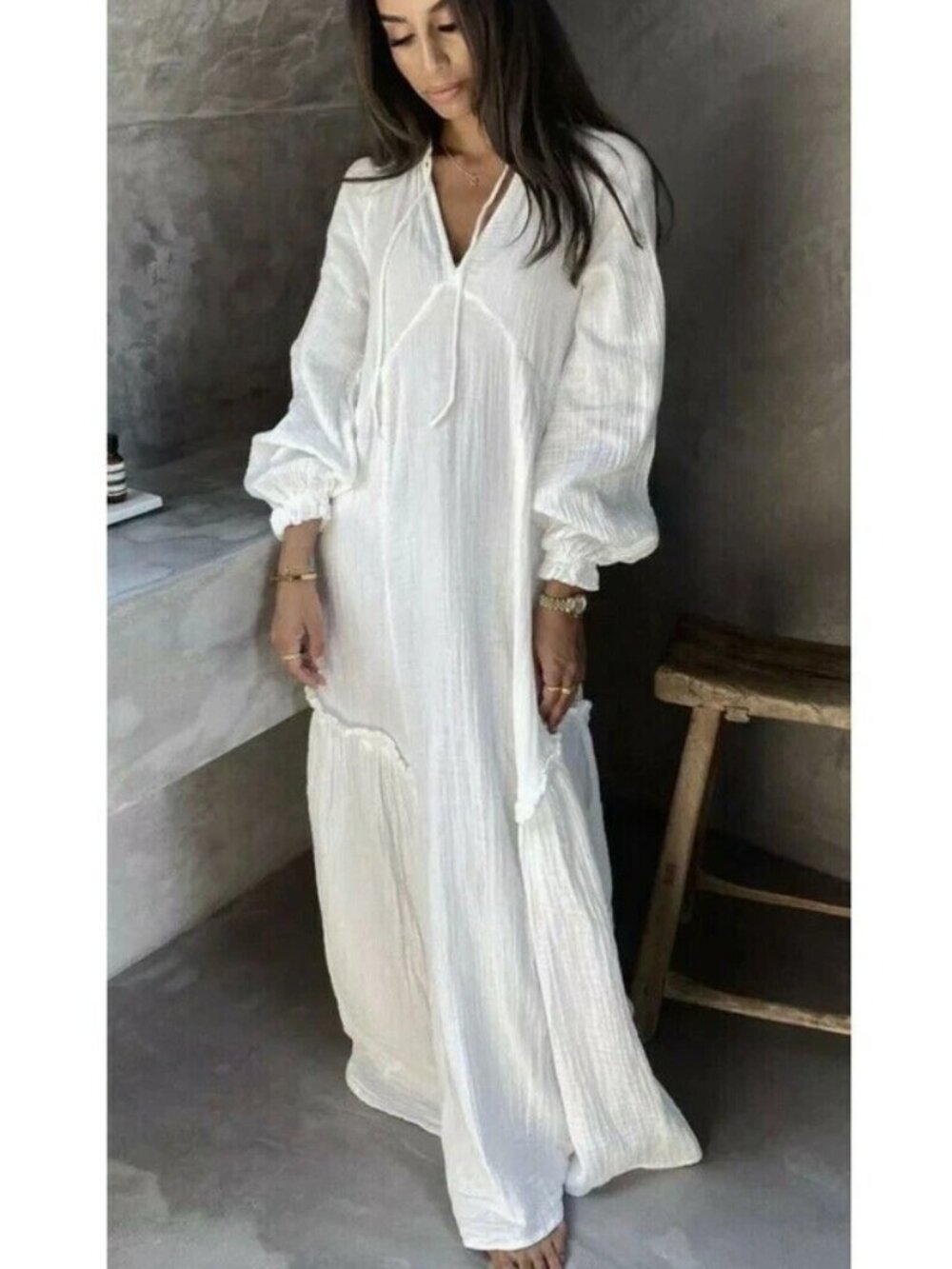 H&M Long Kaftan Dress Cotton Boho Dress White Size L